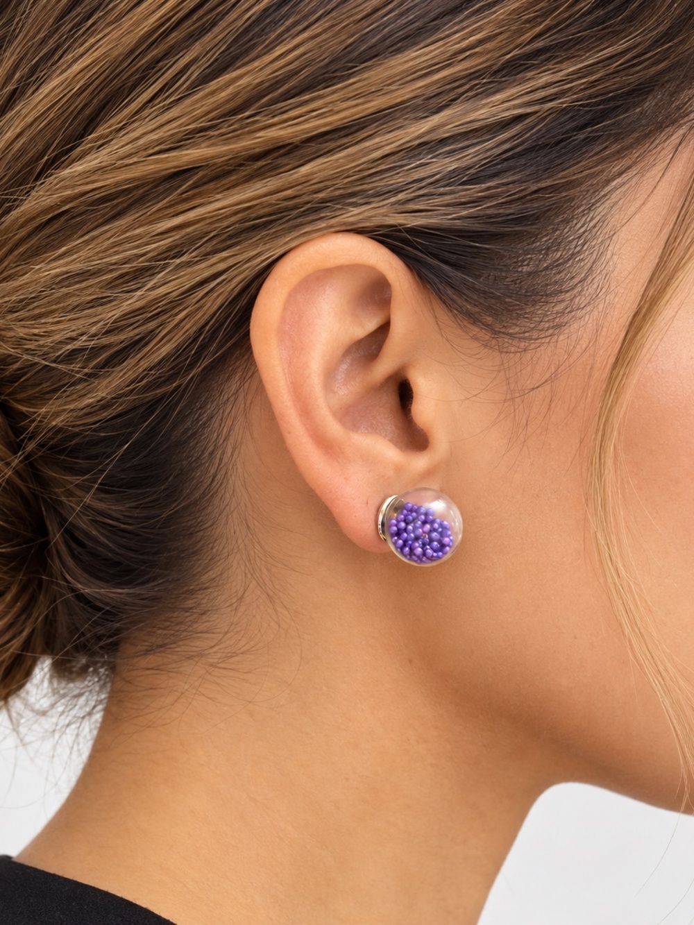 Purple Beaded Double-Sided Globe Stud Earrings Gold Tone Crystal Statement